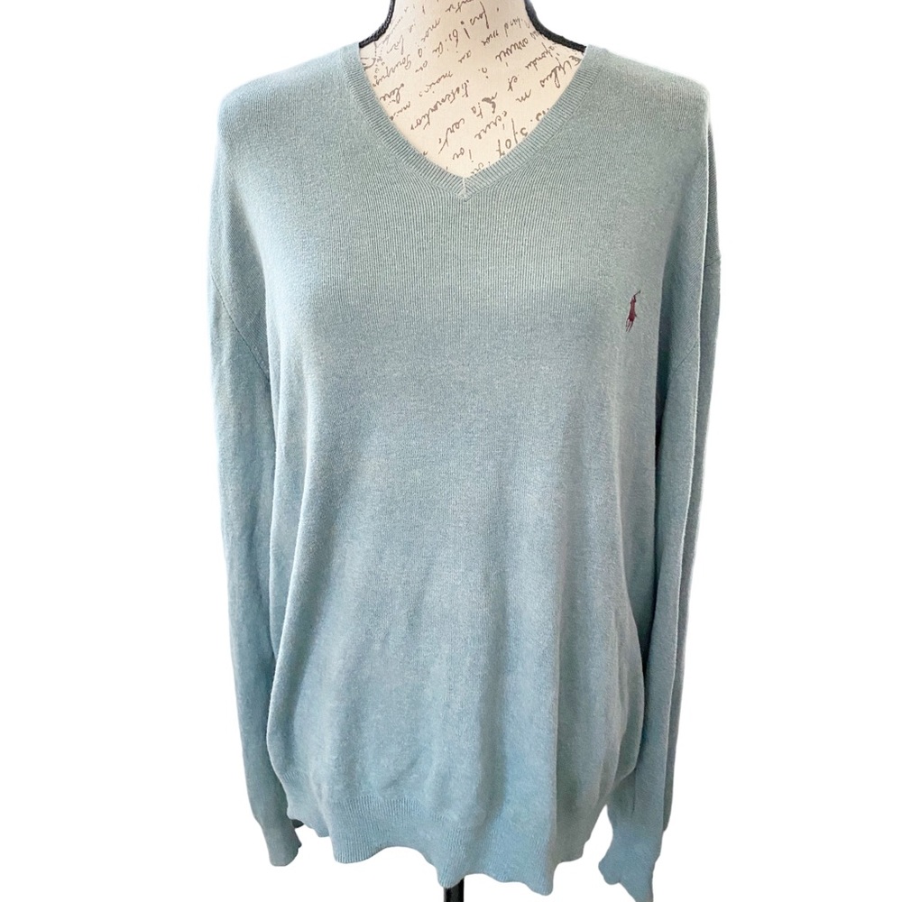 POLO by Ralph Lauren Mens XL V Neck Pullover Pima Cotton Sweater Light Teal Grey